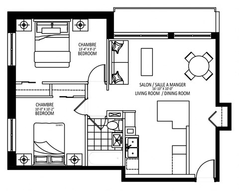 Floor plan for 2 beds, 1 bath, 688 sqft